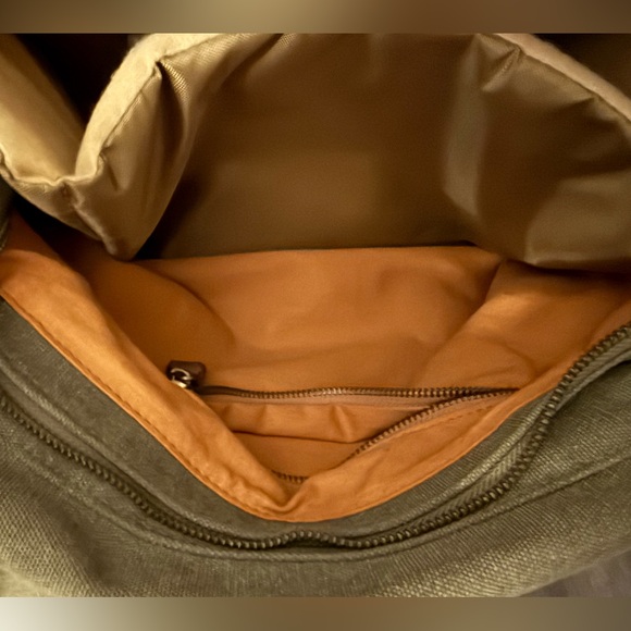 Military Green Canvas Crossbody Bag with Brown Leather Straps - Picture 9 of 11